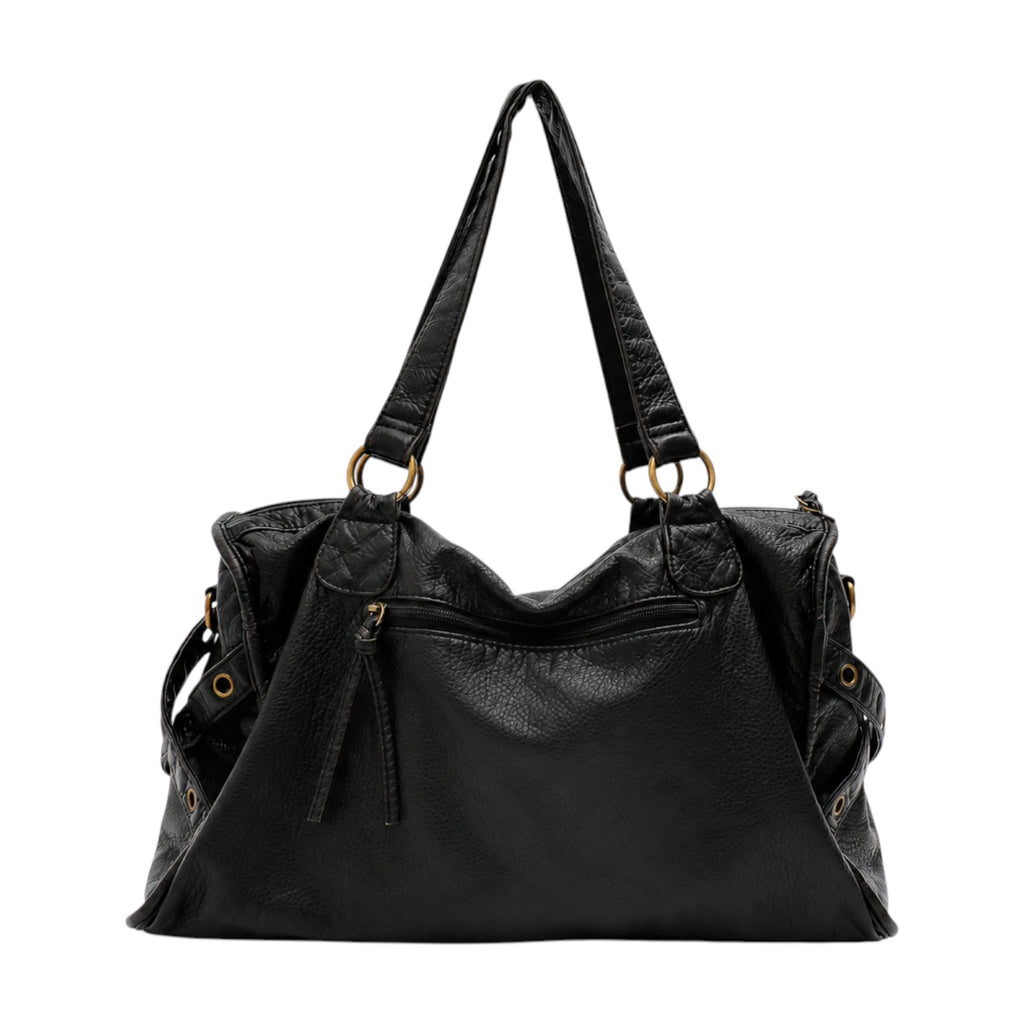 Sac à main hobo tote noir en cuir PU souple, avec fermeture éclair, poches extérieures et bretelles réglables. Marque Univers Sac.