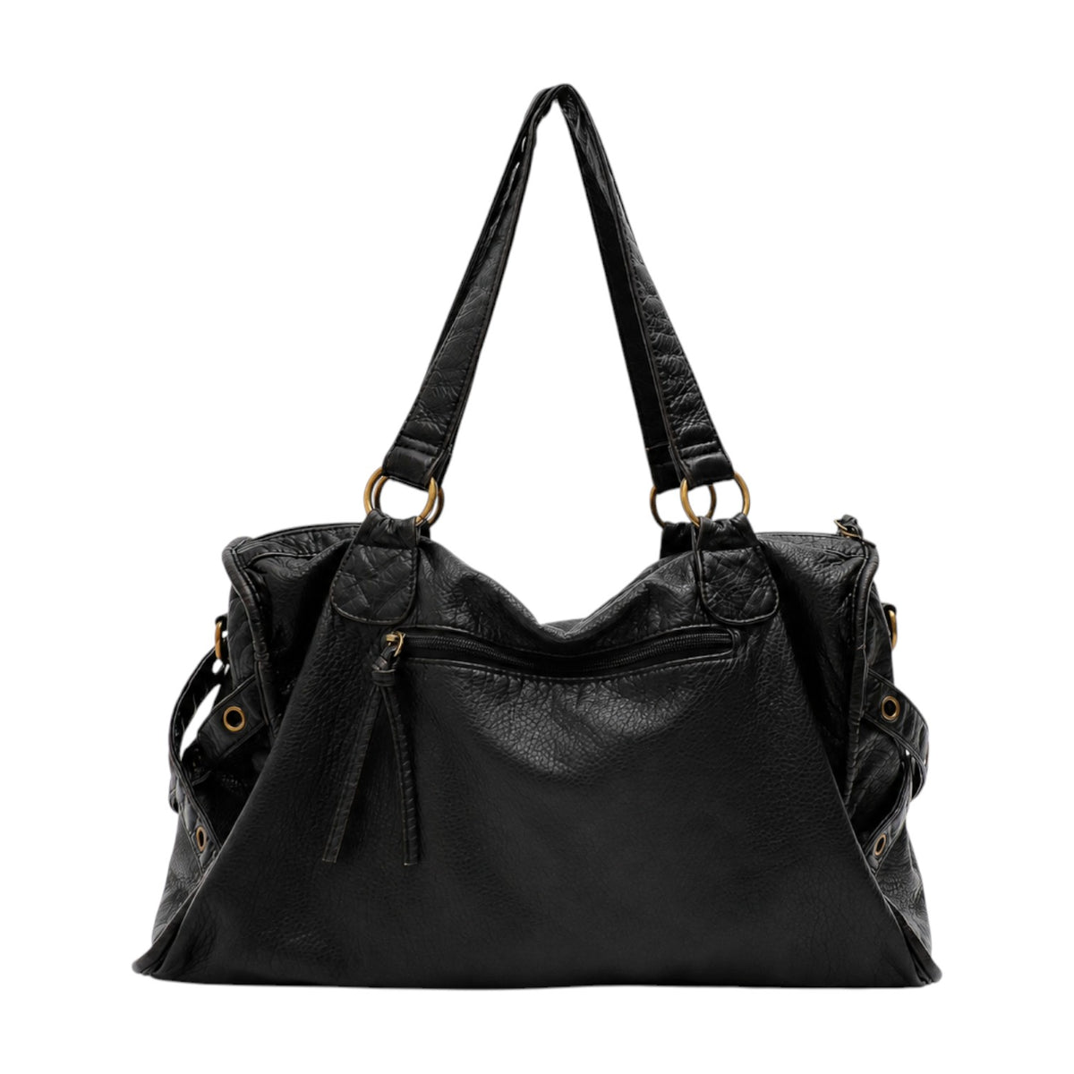 Sac à main hobo tote noir en cuir PU souple, avec fermeture éclair, poches extérieures et bretelles réglables. Marque Univers Sac.