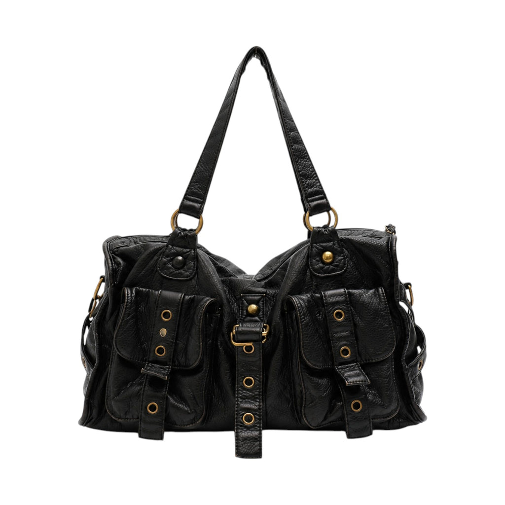 Sac à main noir en cuir PU souple de marque Univers Sac, avec poches extérieures et fermeture éclair.