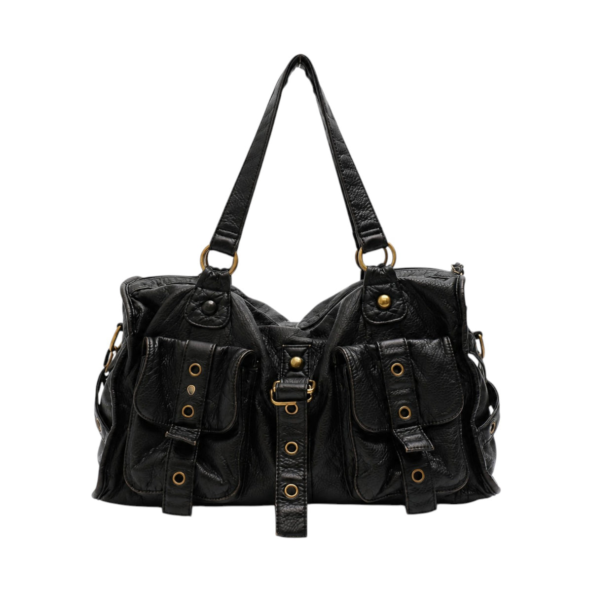 Sac à main noir en cuir PU souple de marque Univers Sac, avec poches extérieures et fermeture éclair.