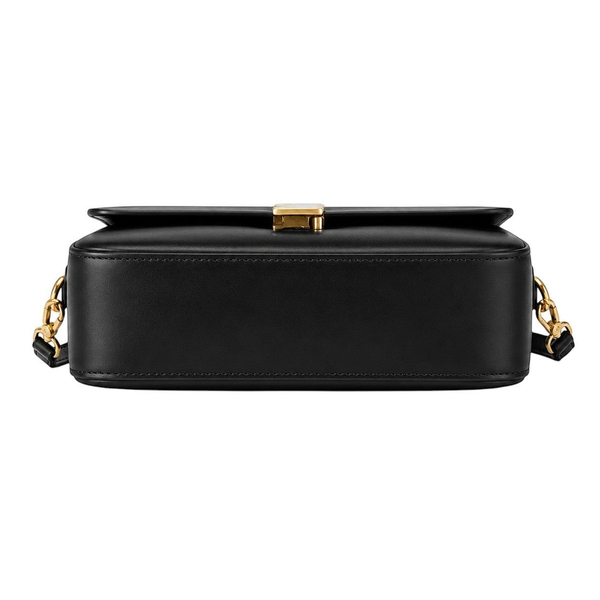 Sac à main noir en cuir véritable pour femme, avec fermoir doré et bandoulière chaîne, style vintage.