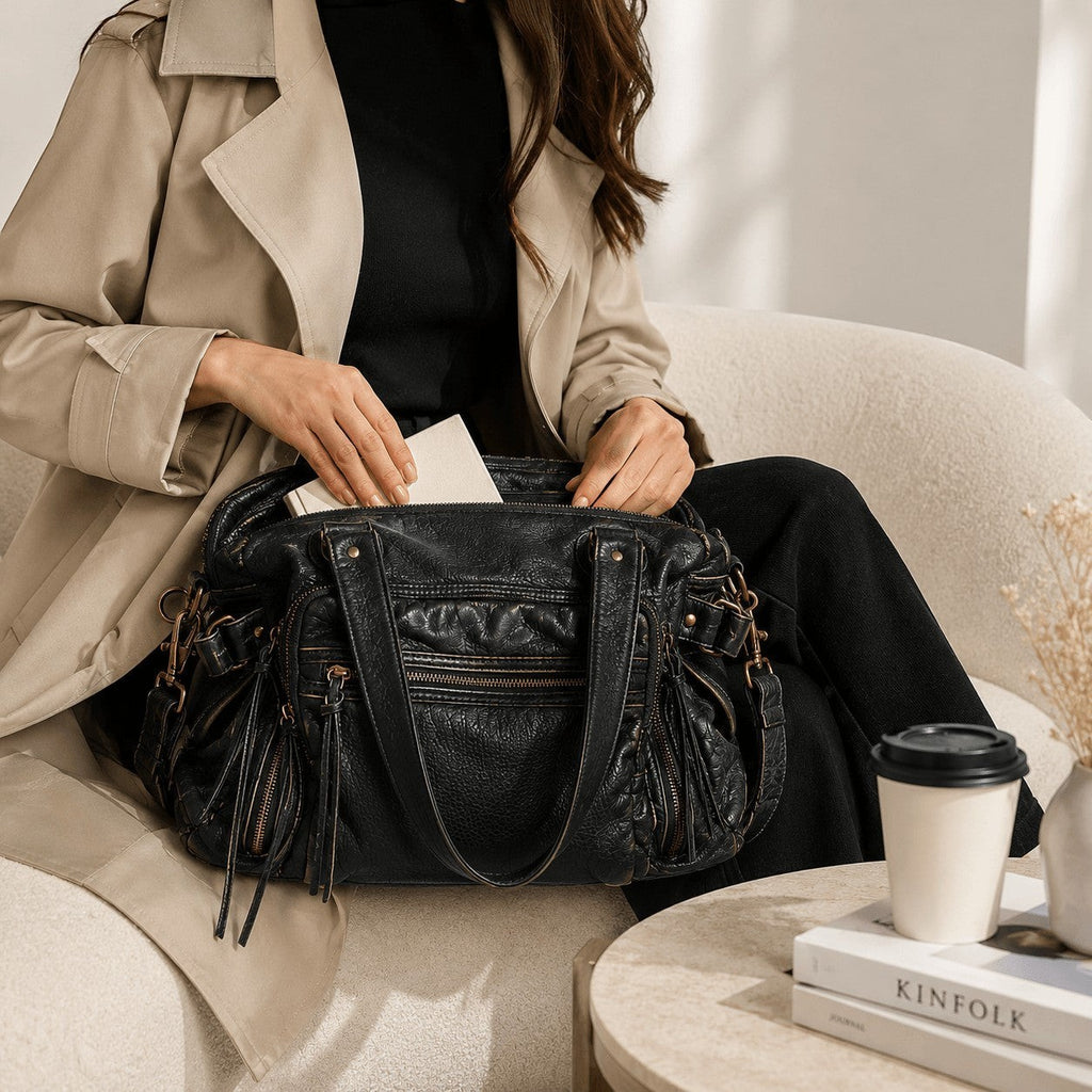 Sac fourre-tout en cuir PU noir Annmouler pour femme, grande capacité, avec bandoulière amovible et détails zippés.