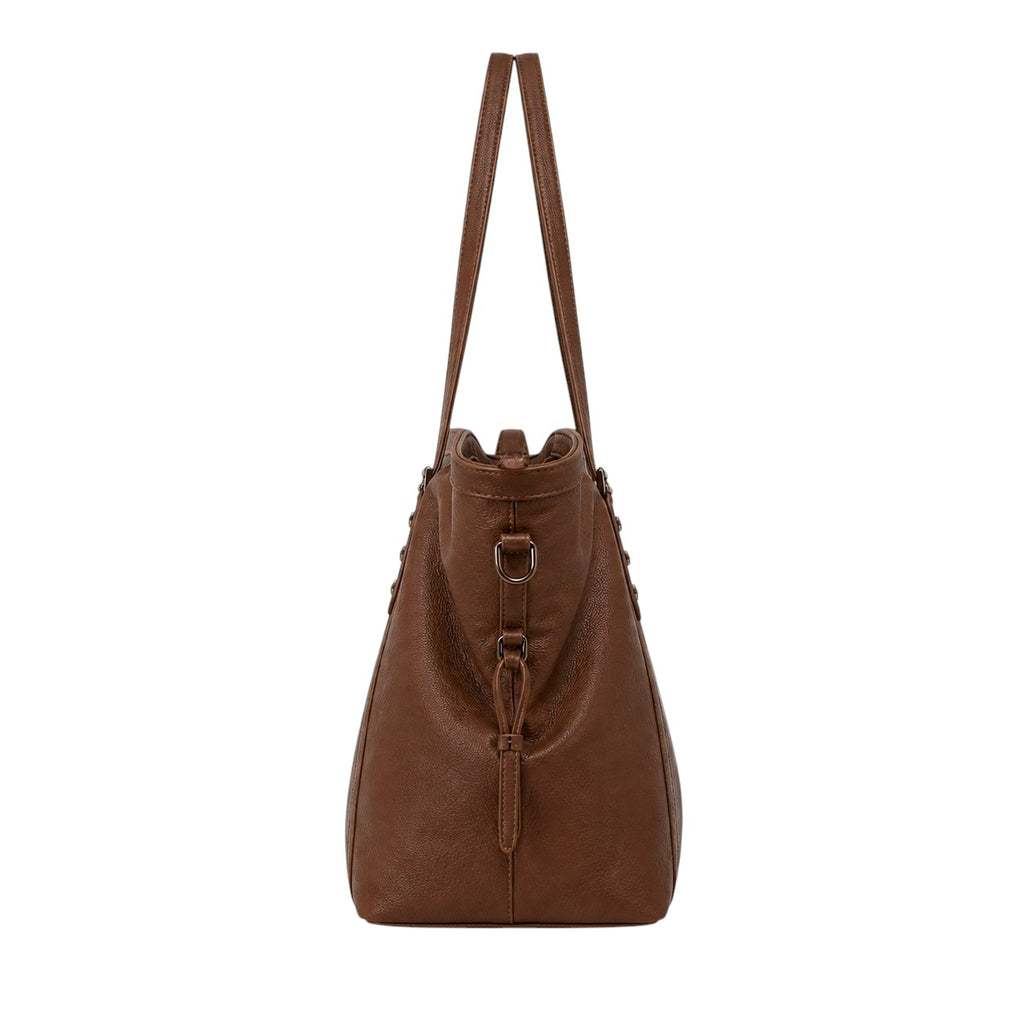 Sac à main marron en PU souple, avec rivets décoratifs et fermeture éclair, par Univers Sac