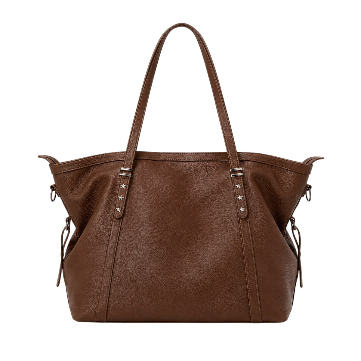 Sac à main marron en PU souple de la marque Univers Sac, avec anses doubles et détails étoiles argentées.