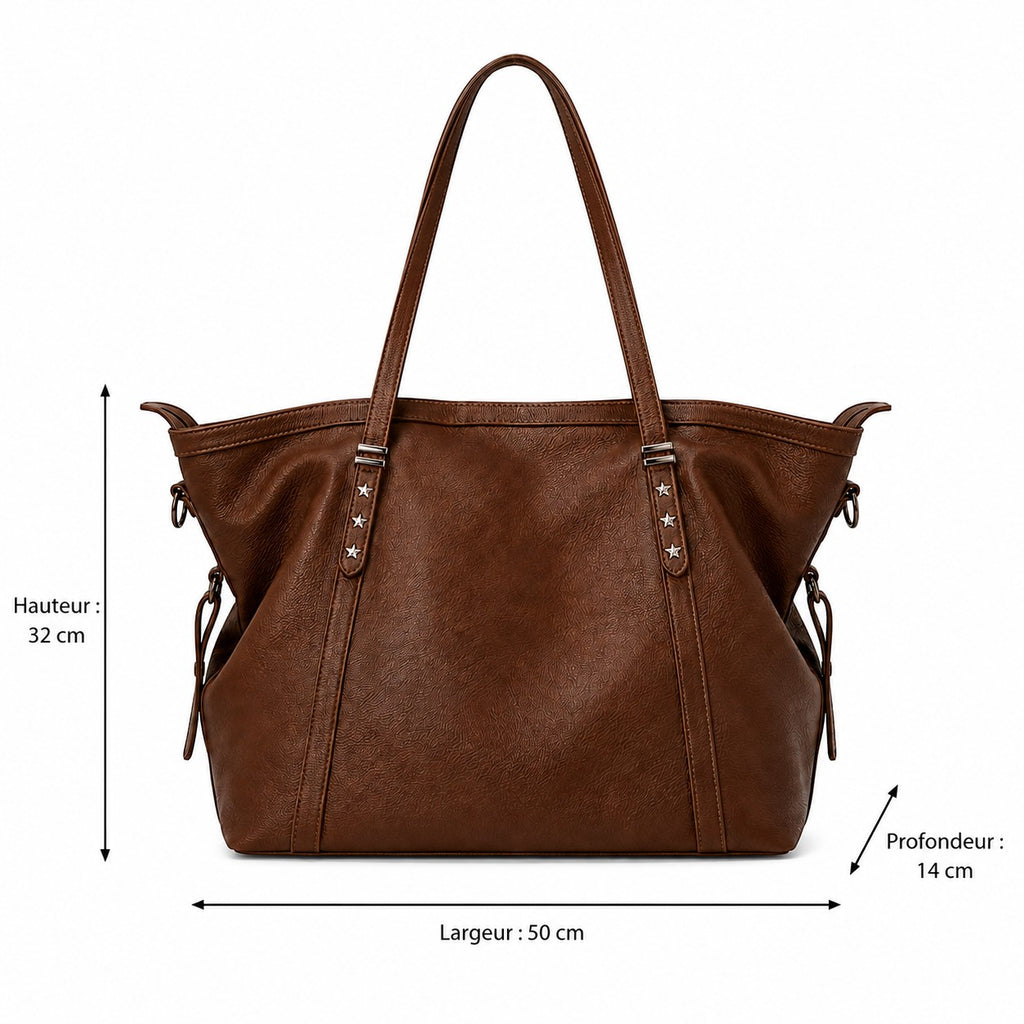 Sac à main marron en PU souple de la marque Univers Sac, décoré d'étoiles et de fronces, avec fermeture éclair et poche intérieure.