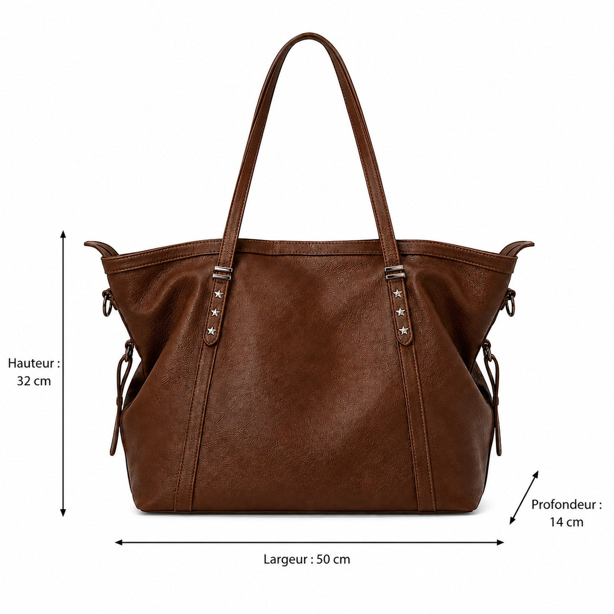 Sac à main marron en PU souple de la marque Univers Sac, décoré d'étoiles et de fronces, avec fermeture éclair et poche intérieure.