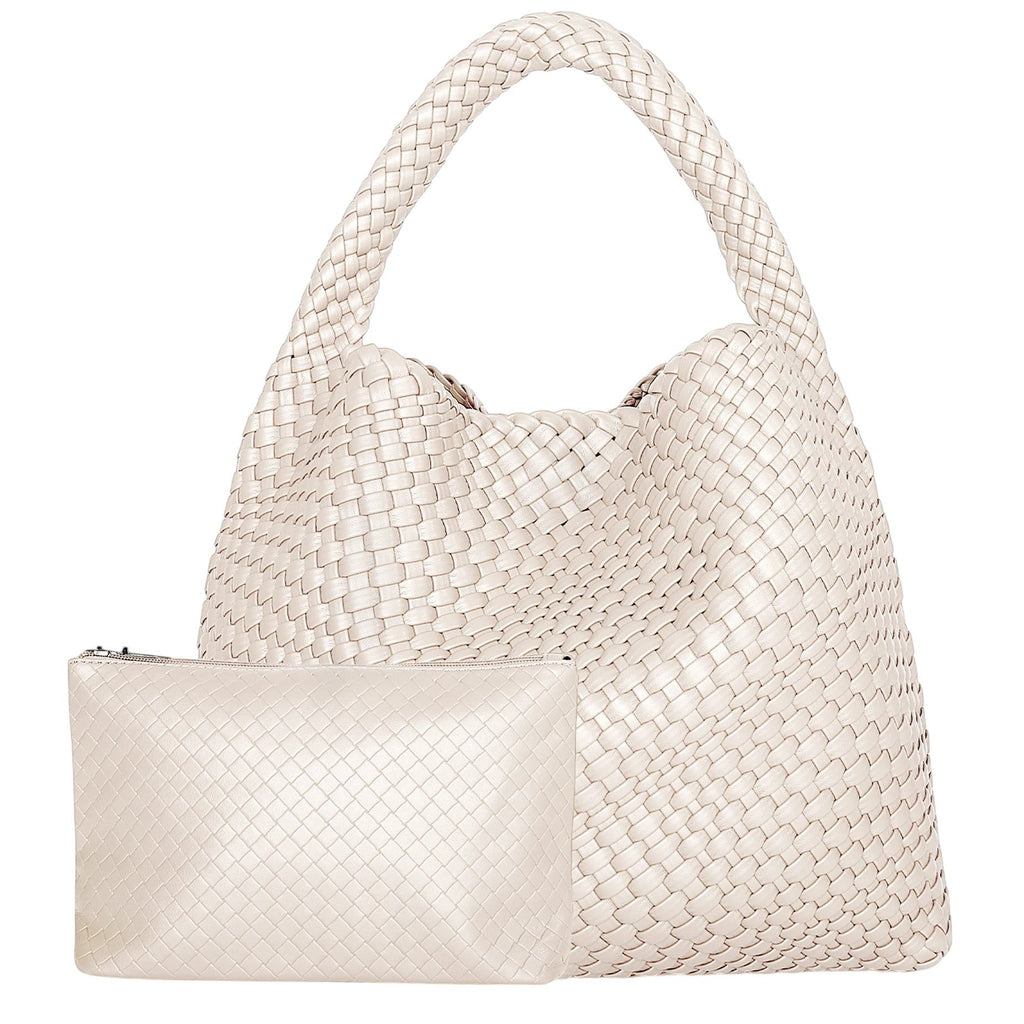 Sac à main fourre-tout en cuir tressé blanc cassé Univers Sac avec pochette assortie.