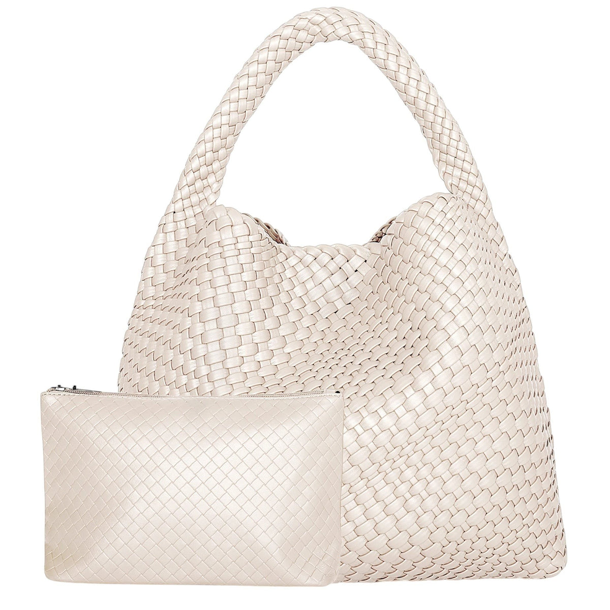 Sac à main fourre-tout en cuir tressé blanc cassé Univers Sac avec pochette assortie.