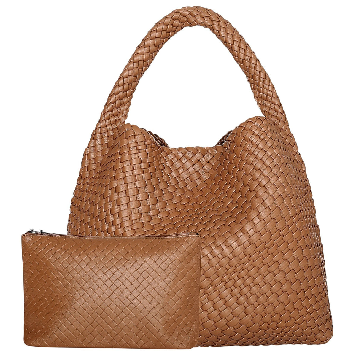 Sac à main marron en cuir tressé Univers Sac avec pochette assortie. Style mode, idéal pour toutes occasions.