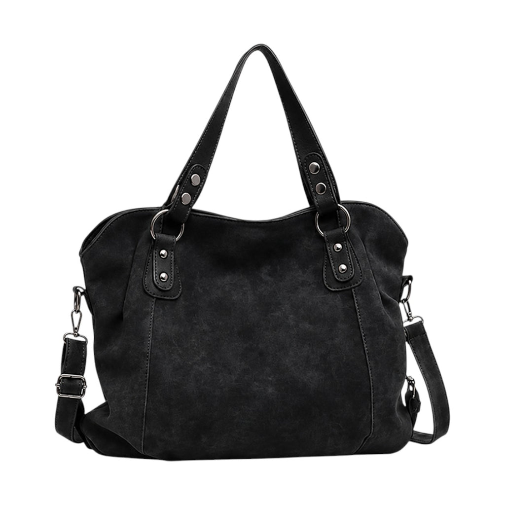 Sac à main noir en cuir PU souple, style vintage, avec détails rivets et pompons, par Univers Sac.