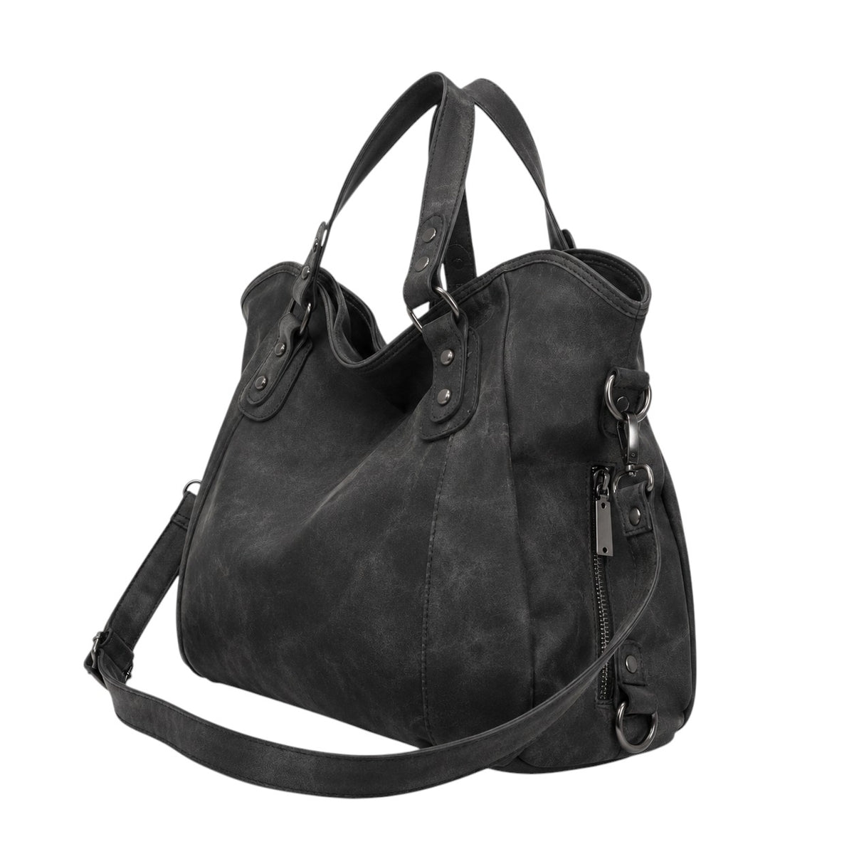 Sac à main noir en cuir PU souple, style vintage, avec rivets, pompons et fermeture éclair, par Univers Sac.
