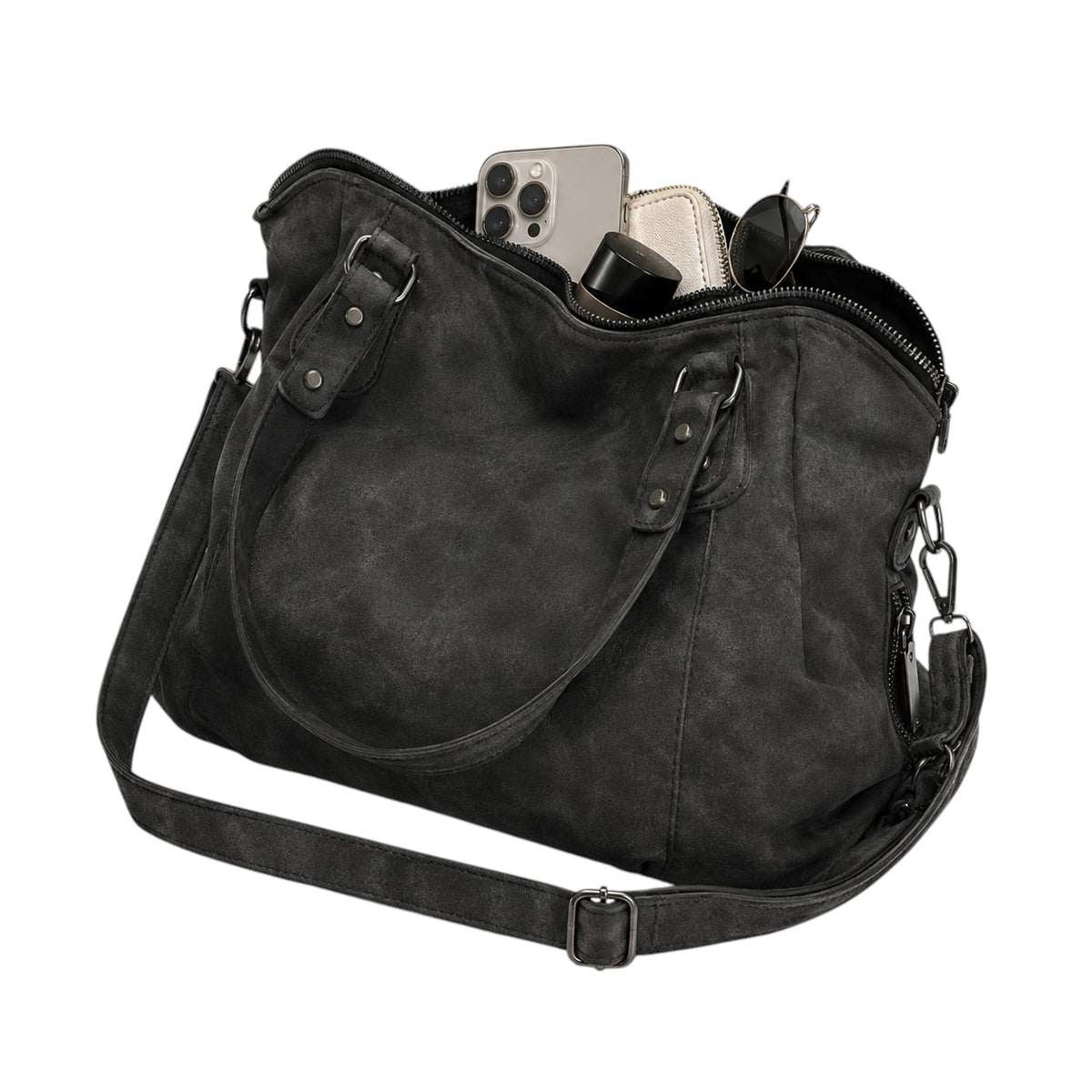 Sac à main Univers Sac en cuir PU noir, style vintage, avec rivets et pompons, idéal pour un usage polyvalent.