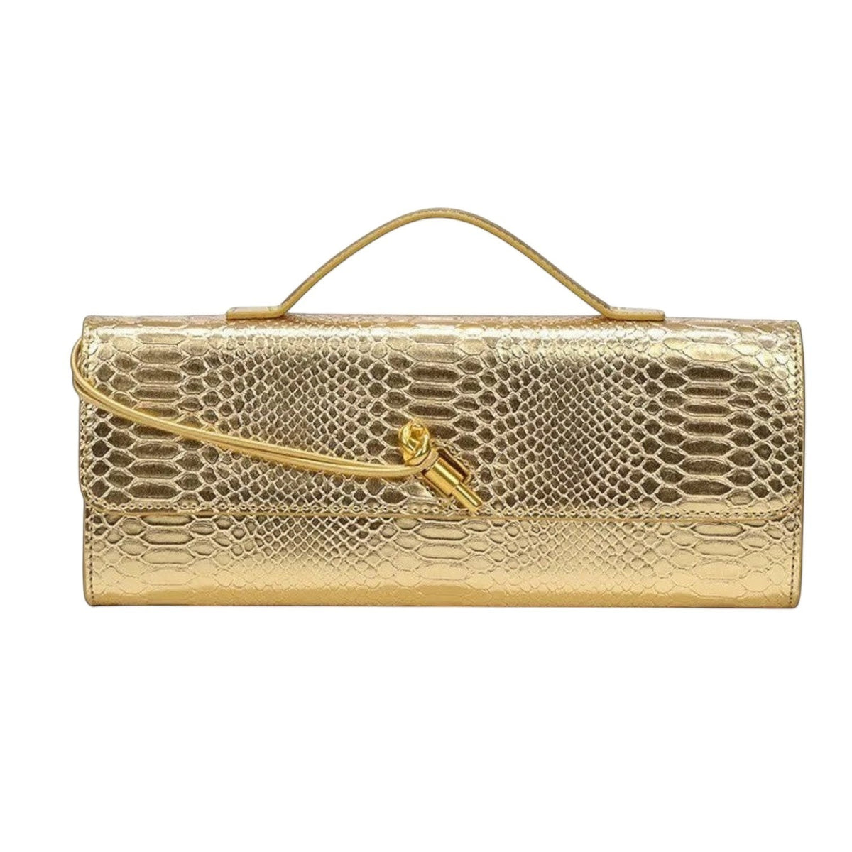 Sac à main bandoulière SNOWJENNY doré imitation cuir serpent avec fermeture à glissière et fermoir.