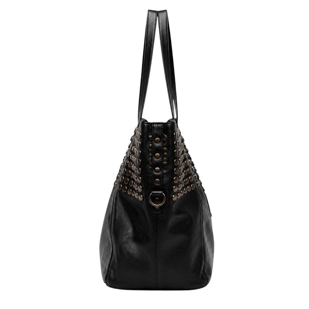 Sac fourre-tout noir en cuir PU souple pour femme, orné de clous décoratifs, par Univers Sac.