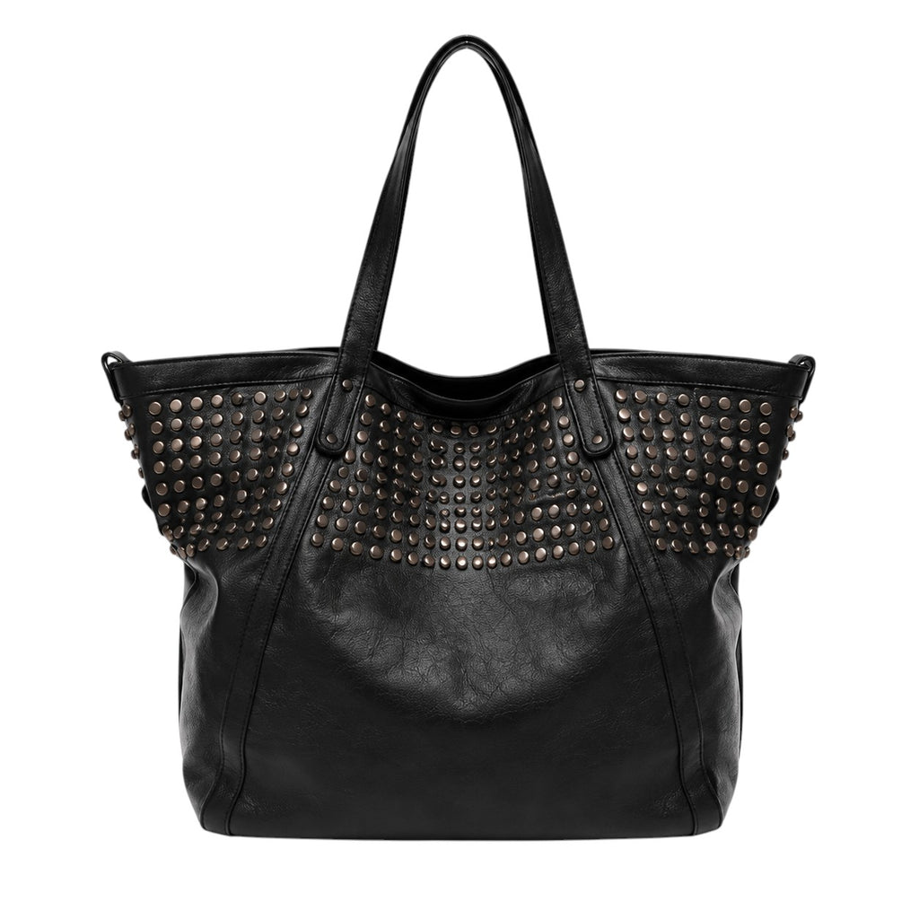 Sac fourre-tout noir en cuir PU souple pour femme Univers Sac, orné de clous argentés, avec une poche intérieure zippée.