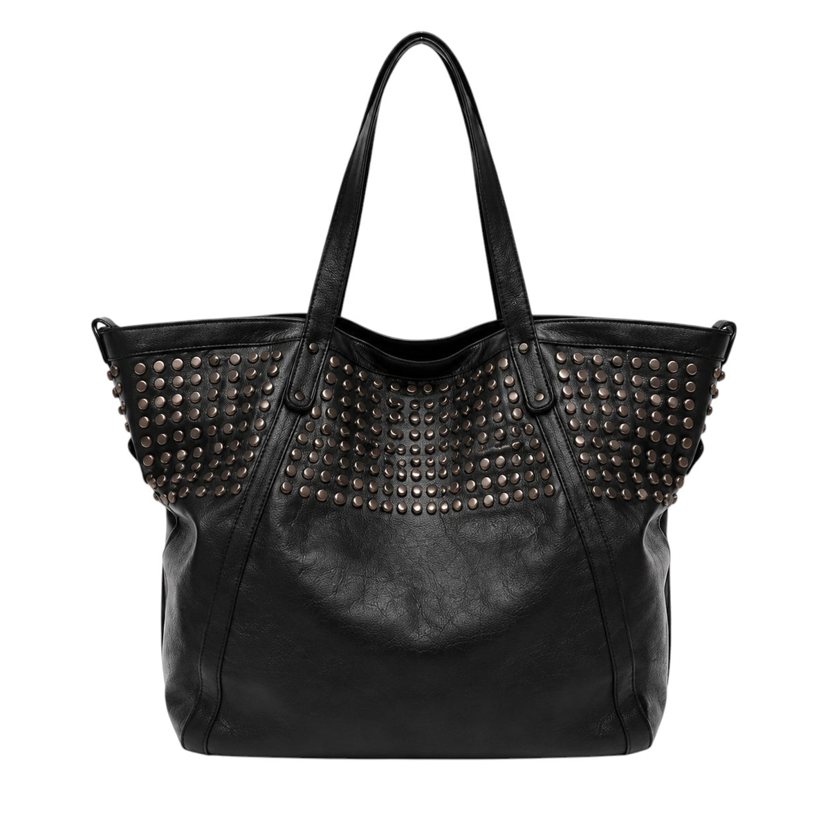 Sac fourre-tout noir en cuir PU souple pour femme Univers Sac, orné de clous argentés, avec une poche intérieure zippée.
