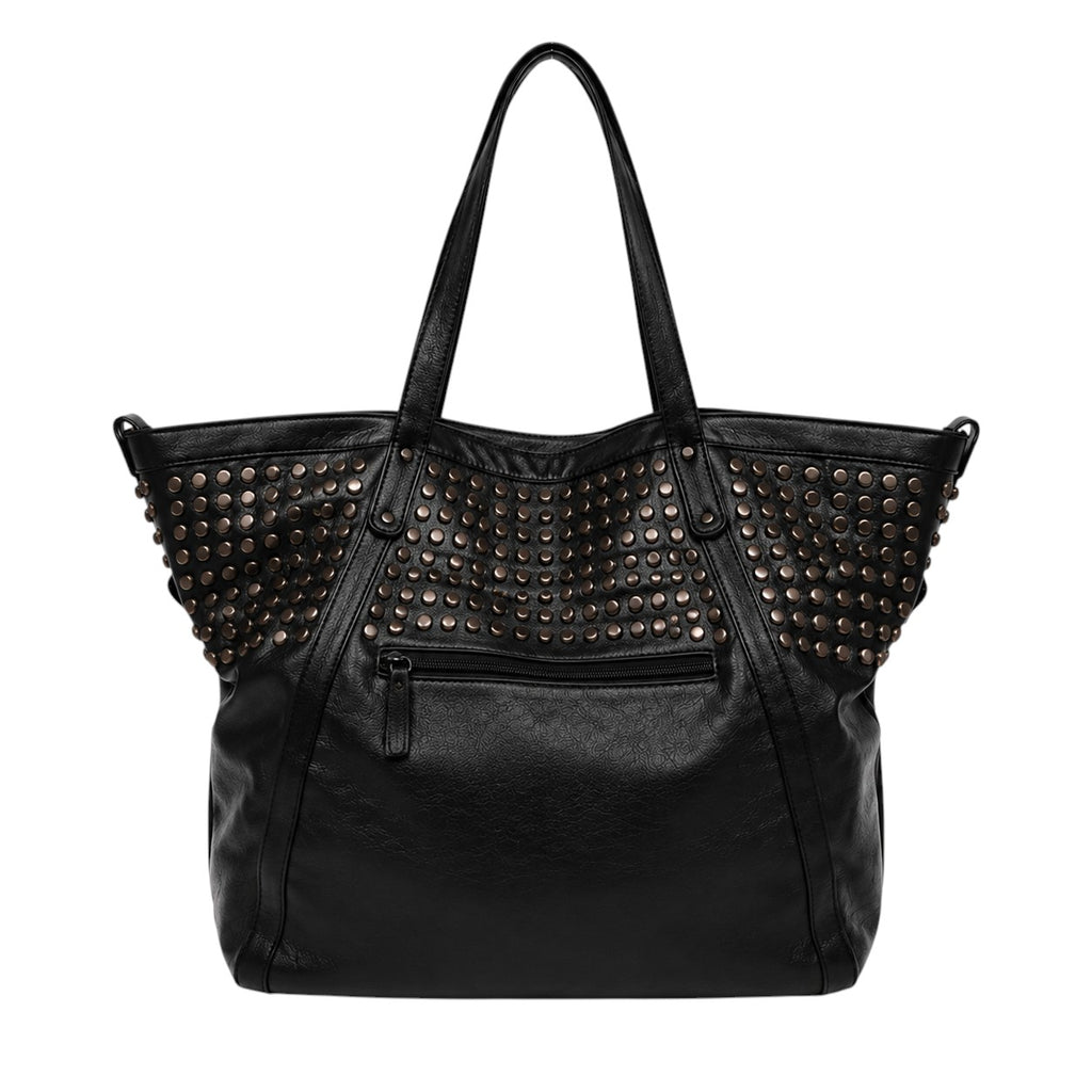 Sac fourre-tout noir en cuir PU souple pour femme Univers Sac orné de clous, avec fermeture éclair et poches intérieures.
