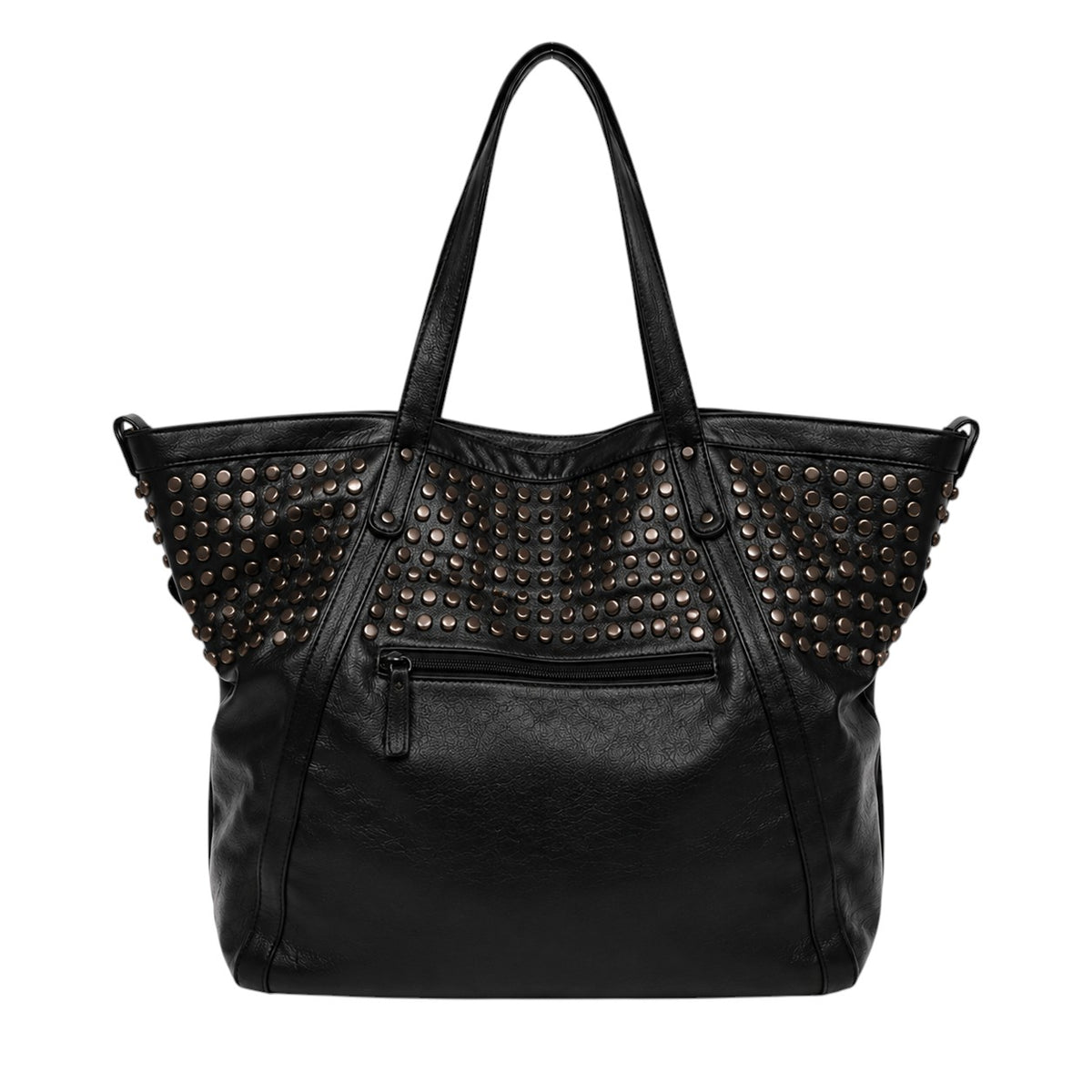 Sac fourre-tout noir en cuir PU souple pour femme Univers Sac orné de clous, avec fermeture éclair et poches intérieures.