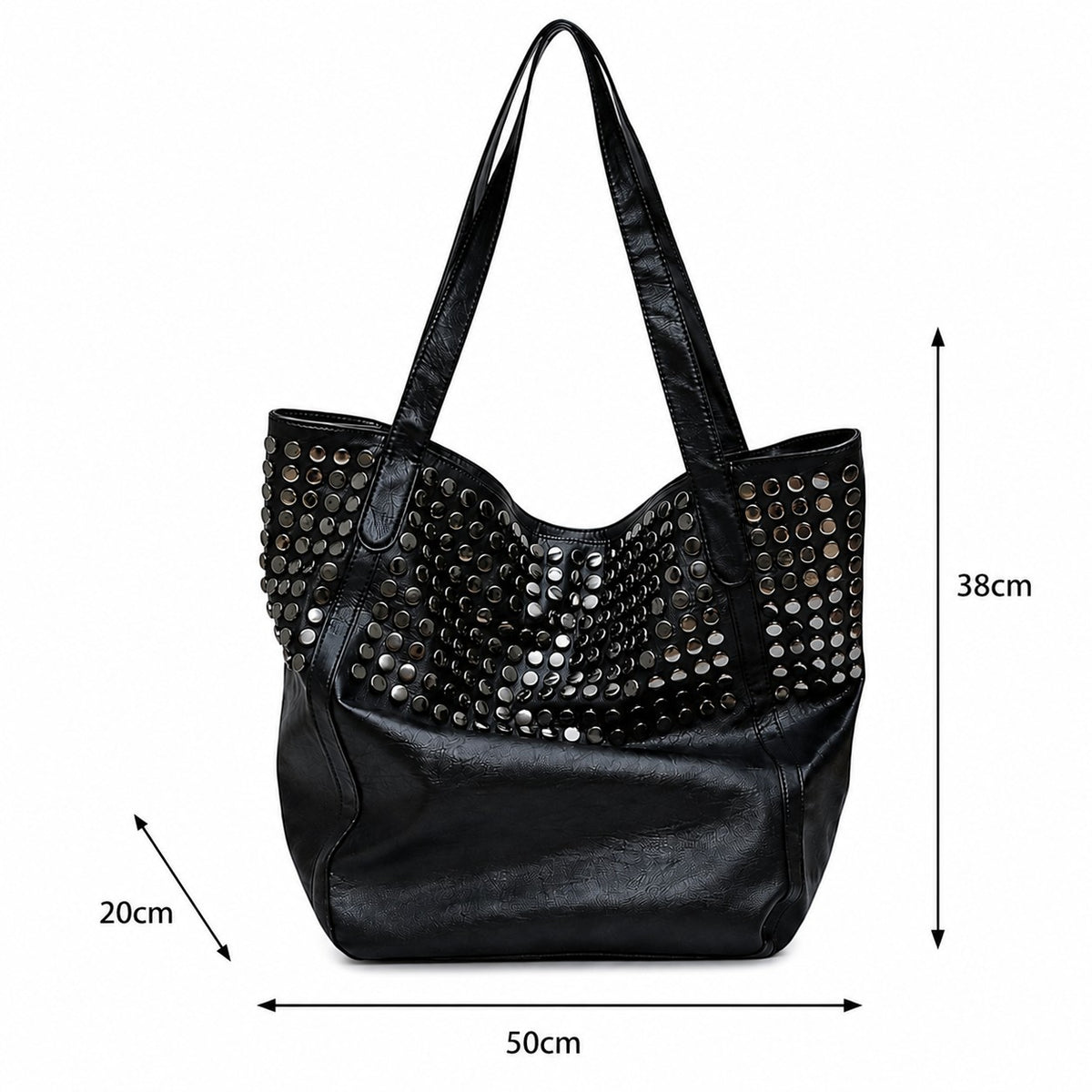 Sac fourre-tout noir en cuir PU souple pour femme Univers Sac, orné de clous argentés, fermeture éclair, poches intérieures.
