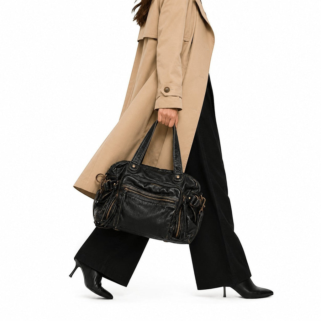 Sac à main noir en cuir PU souple Univers Sac, grande capacité, style décontracté avec plusieurs poches zippées.