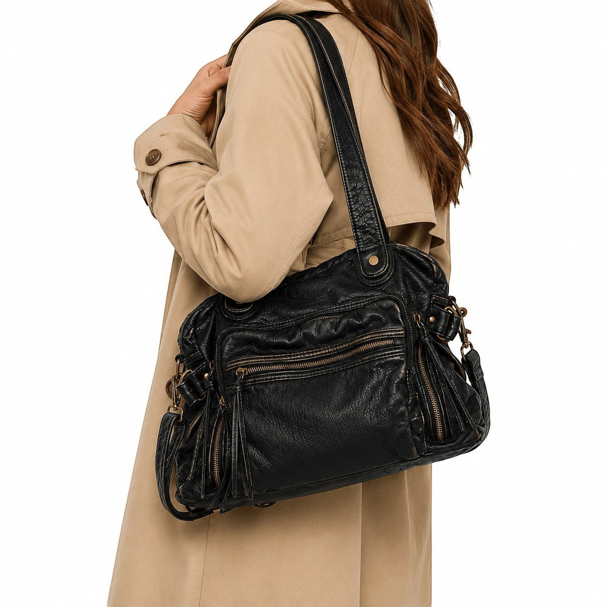 Sac à main noir en cuir PU souple, grande capacité, avec plusieurs poches zippées et franges, par Annmouler.