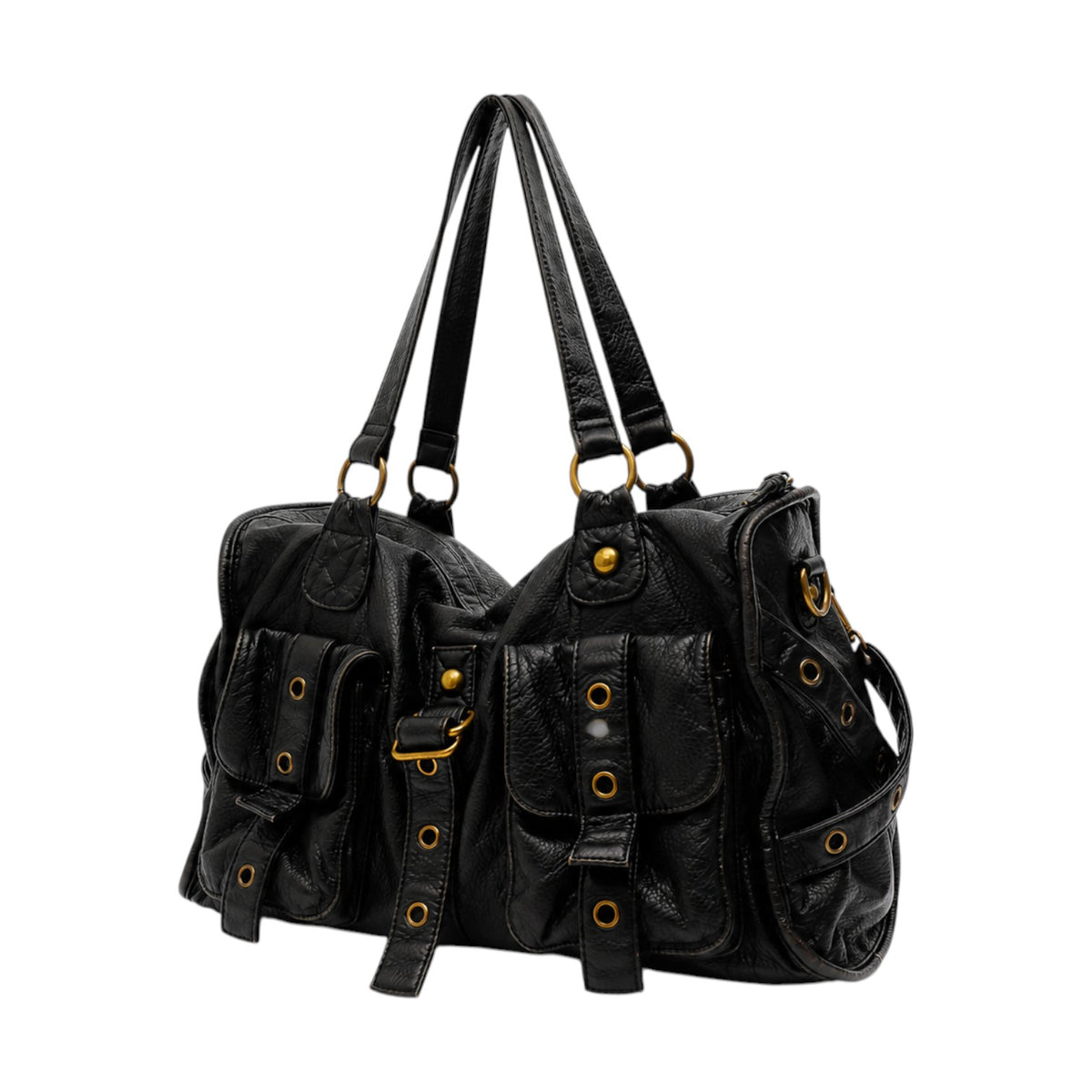 Sac à main noir en cuir PU souple Univers Sac avec poches extérieures, rivets et fermeture éclair.