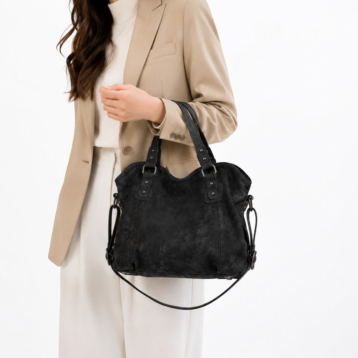 Sac à main noir en cuir PU souple, style vintage, avec rivets et pompons, par Univers Sac