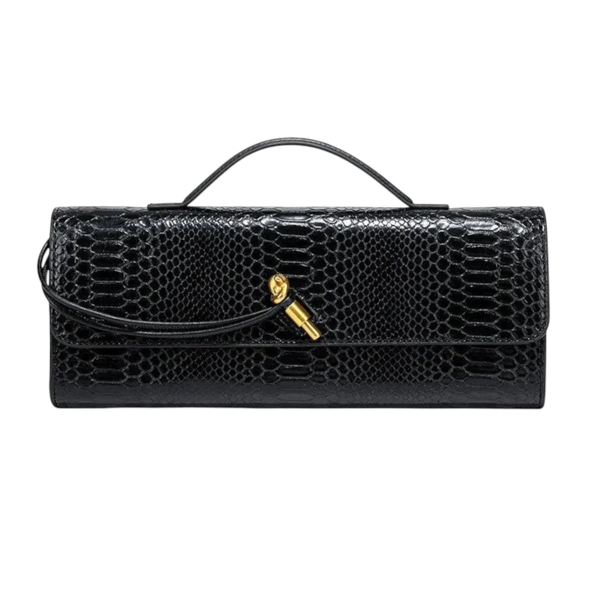 Sac à main noir en PU effet peau de serpent, avec anse et fermoir doré, par Univers Sac.