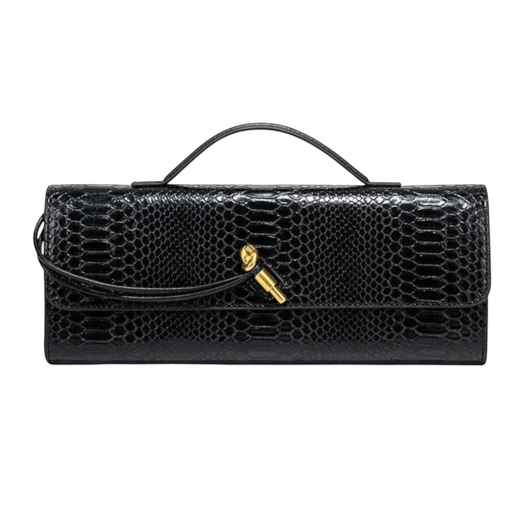 Sac à main noir en PU effet peau de serpent, avec anse et fermoir doré, par Univers Sac.