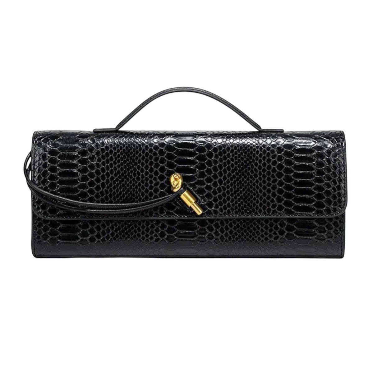 Sac à main noir en PU effet peau de serpent, avec anse et fermoir doré, par Univers Sac.