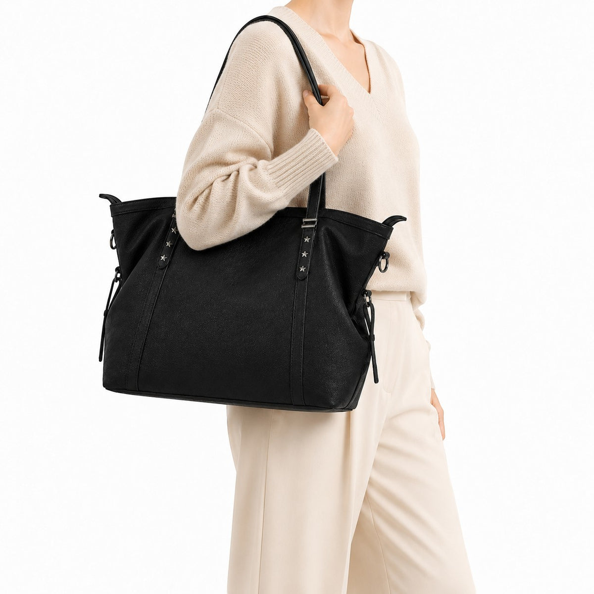 Sac à main noir en PU souple Univers Sac avec rivets étoiles, idéal pour un usage quotidien.