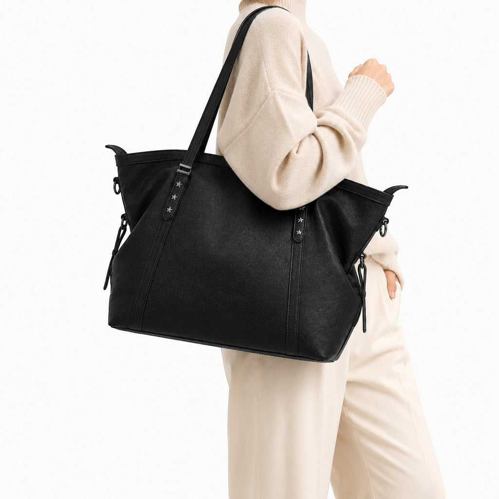 Sac à main noir en PU souple, style tote décontracté avec détails étoiles, par Univers Sac