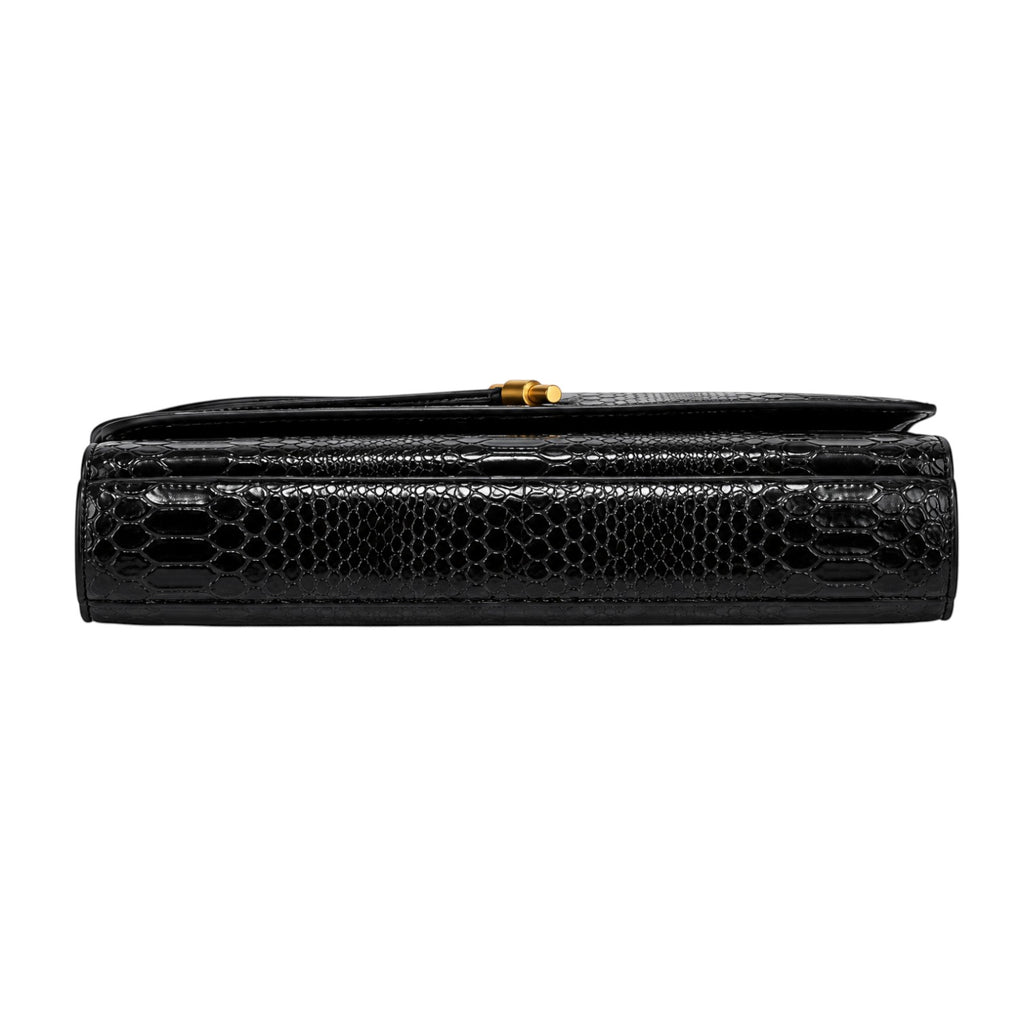 Sac à main noir Univers Sac en similicuir effet peau de serpent, avec fermoir doré et bandoulière.