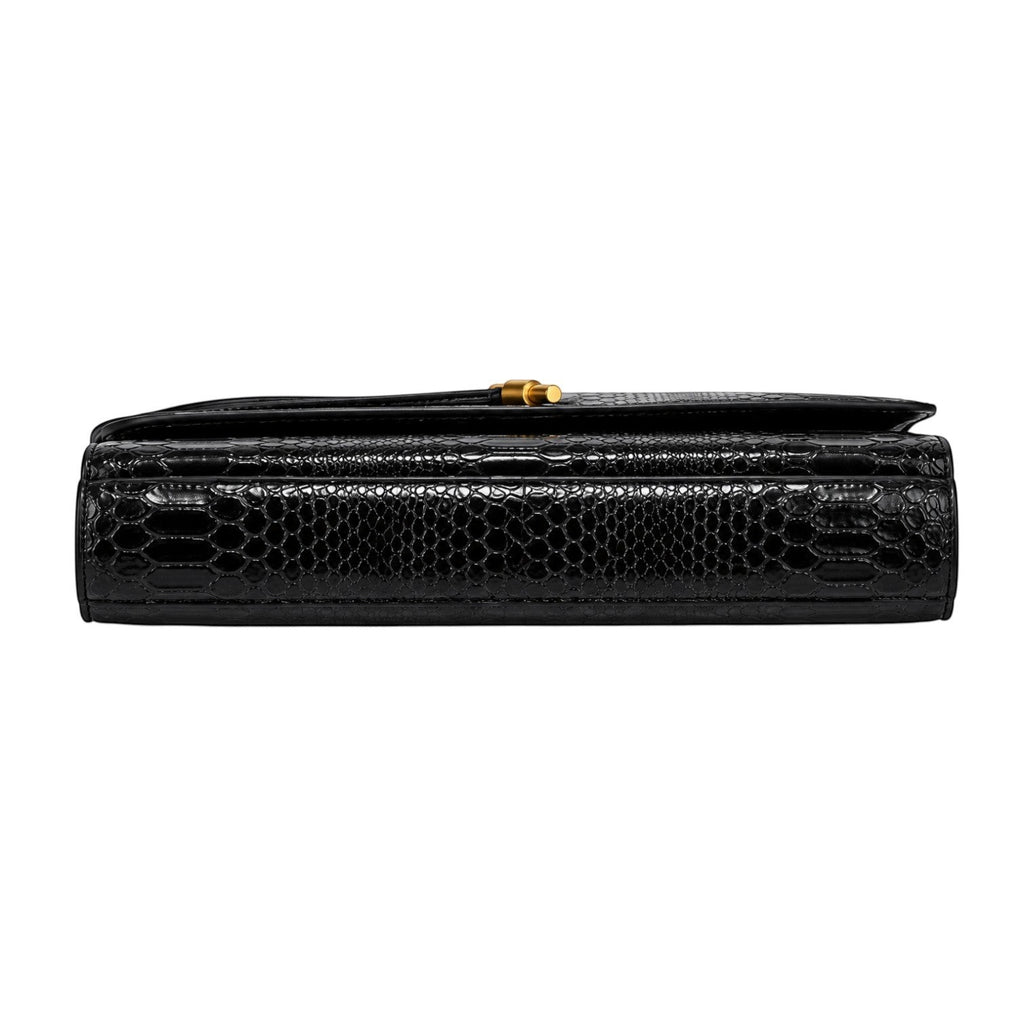 Sac à main noir Univers Sac en similicuir effet peau de serpent, avec fermoir doré et bandoulière.
