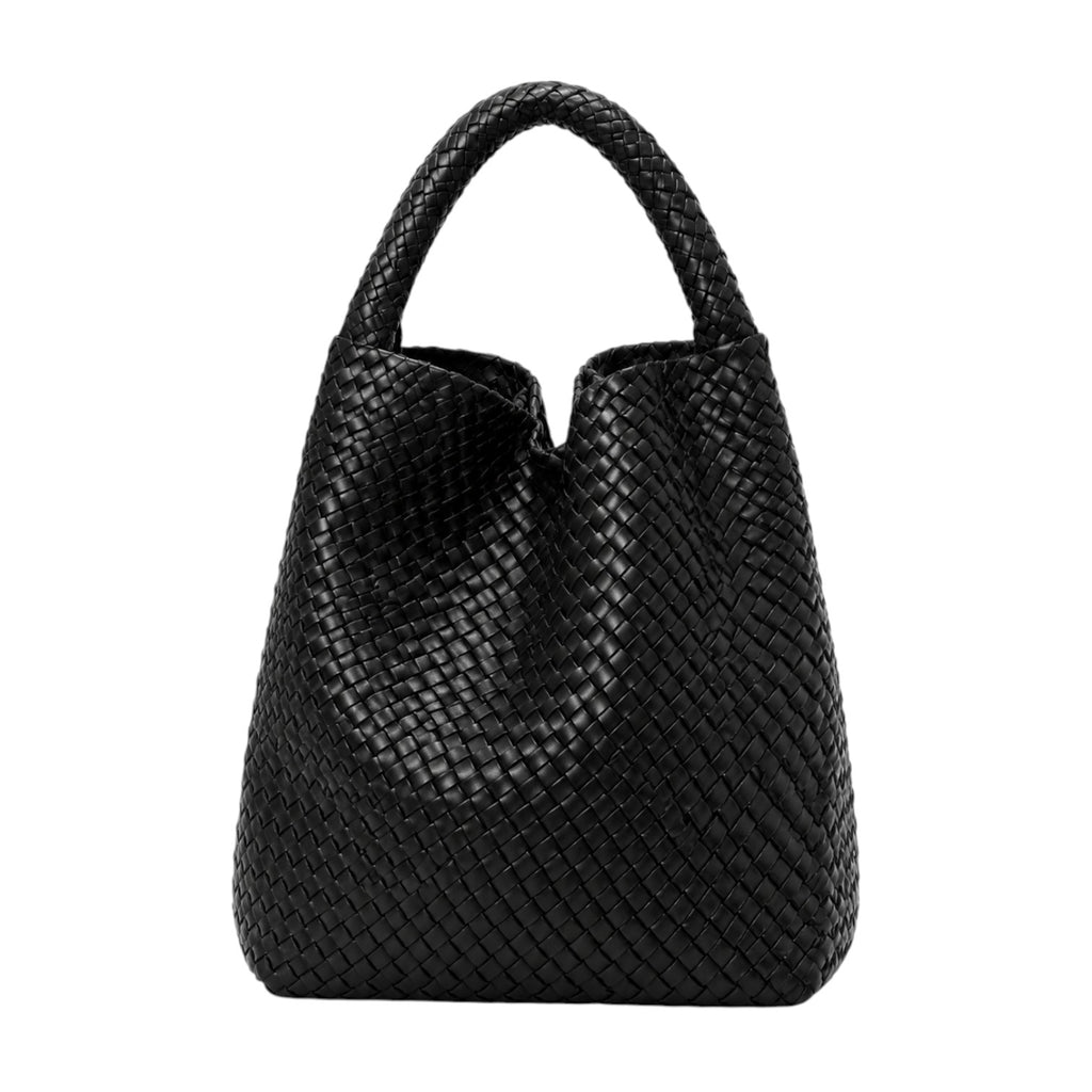 Sac à main noir tressé en PU souple, avec une poche extérieure ouverte et une fermeture à fermoir. Par Univers Sac.