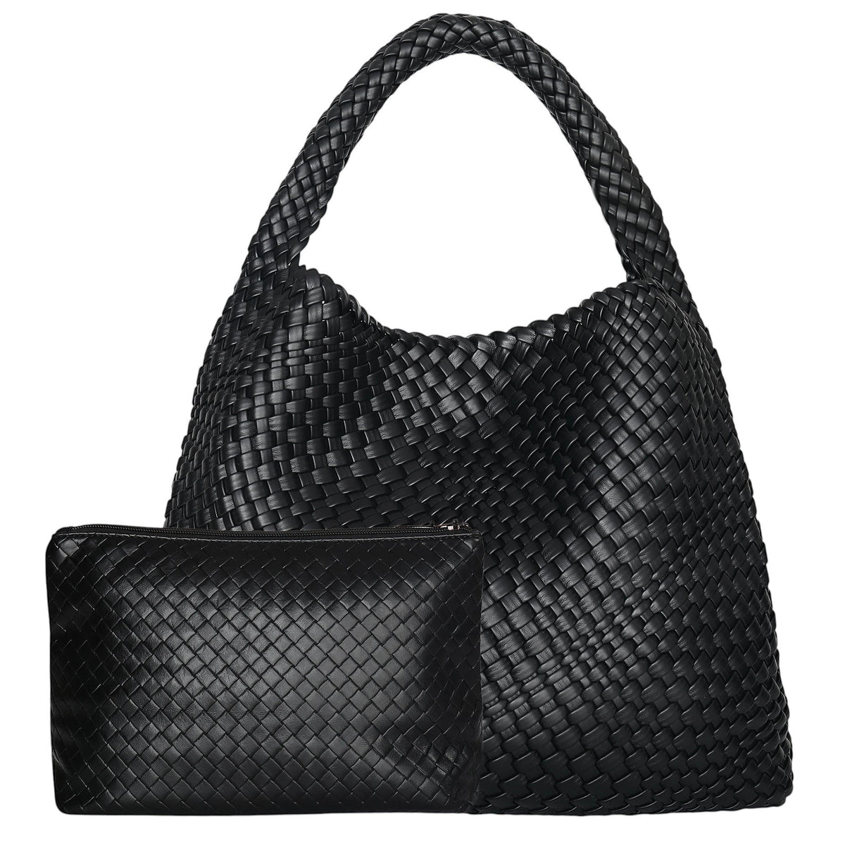 Sac à main noir tressé en PU souple Univers Sac avec une pochette assortie.