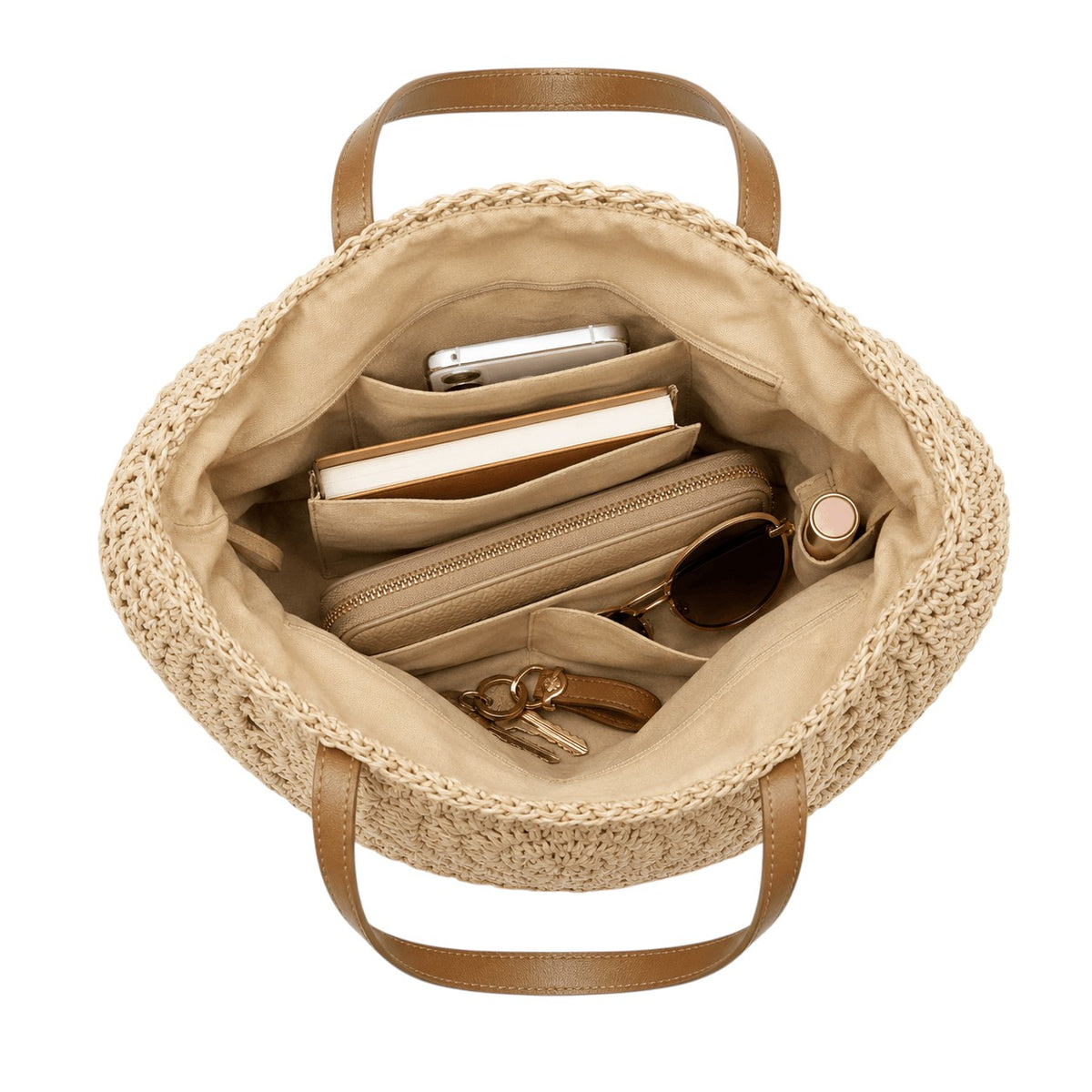 Sac à main rond en paille beige Yogodlns avec poignées en cuir marron, poche intérieure zippée, poche pour téléphone, clés, lunettes de soleil et rouge à lèvres.