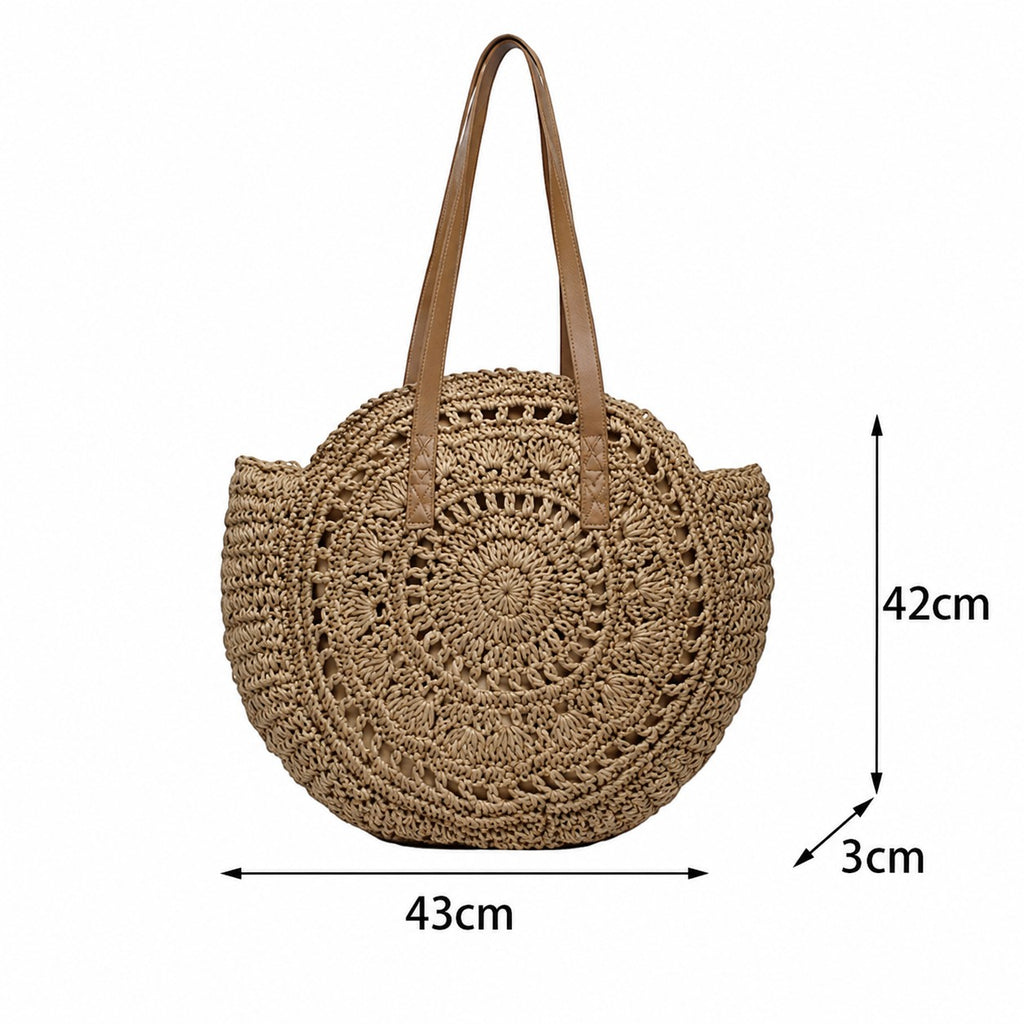 Sac à main rond en paille beige de la marque Univers Sac avec anses en cuir marron et fermeture éclair.