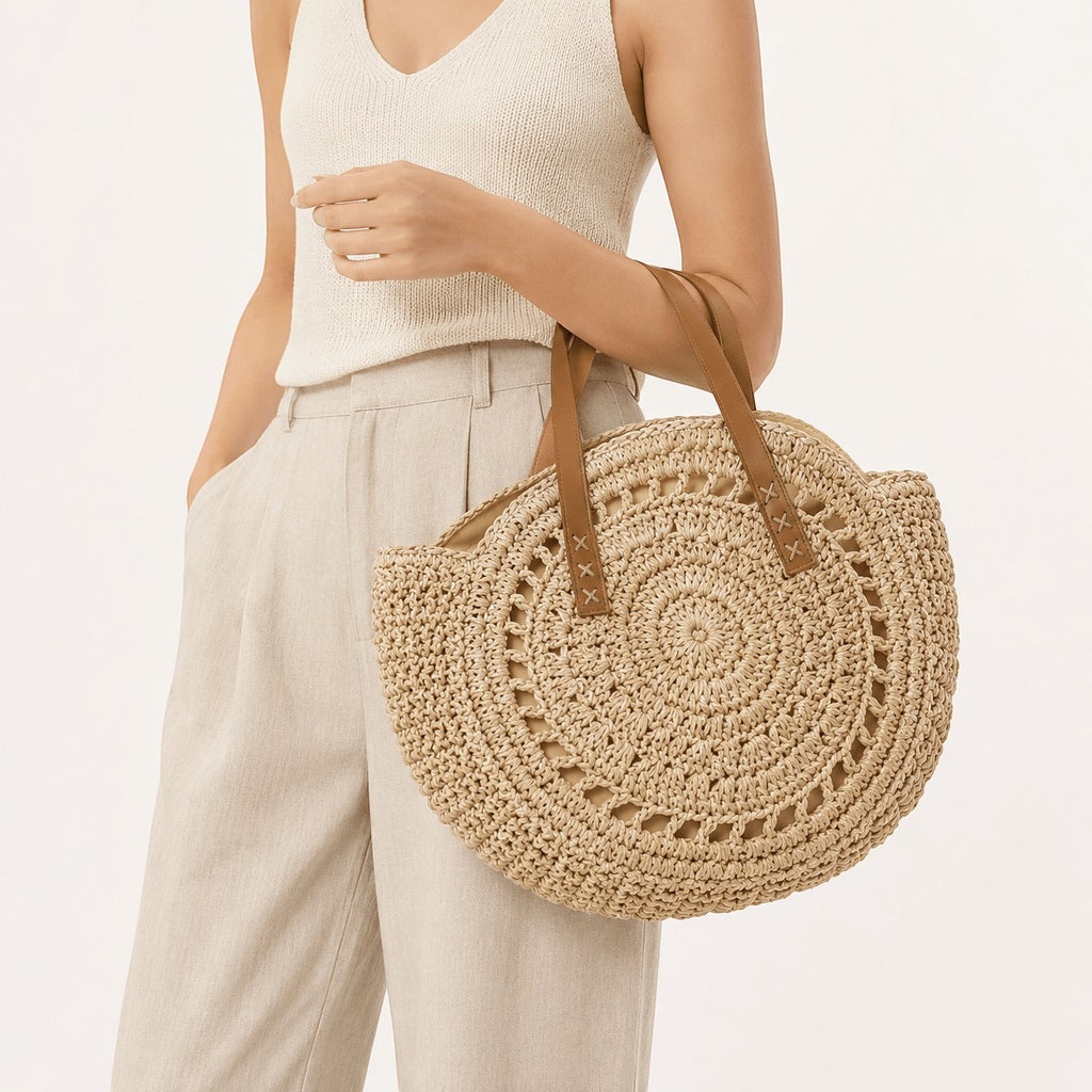 Sac à main rond en paille beige Yogodlns avec anses en cuir marron, style bohème, idéal pour l'été.
