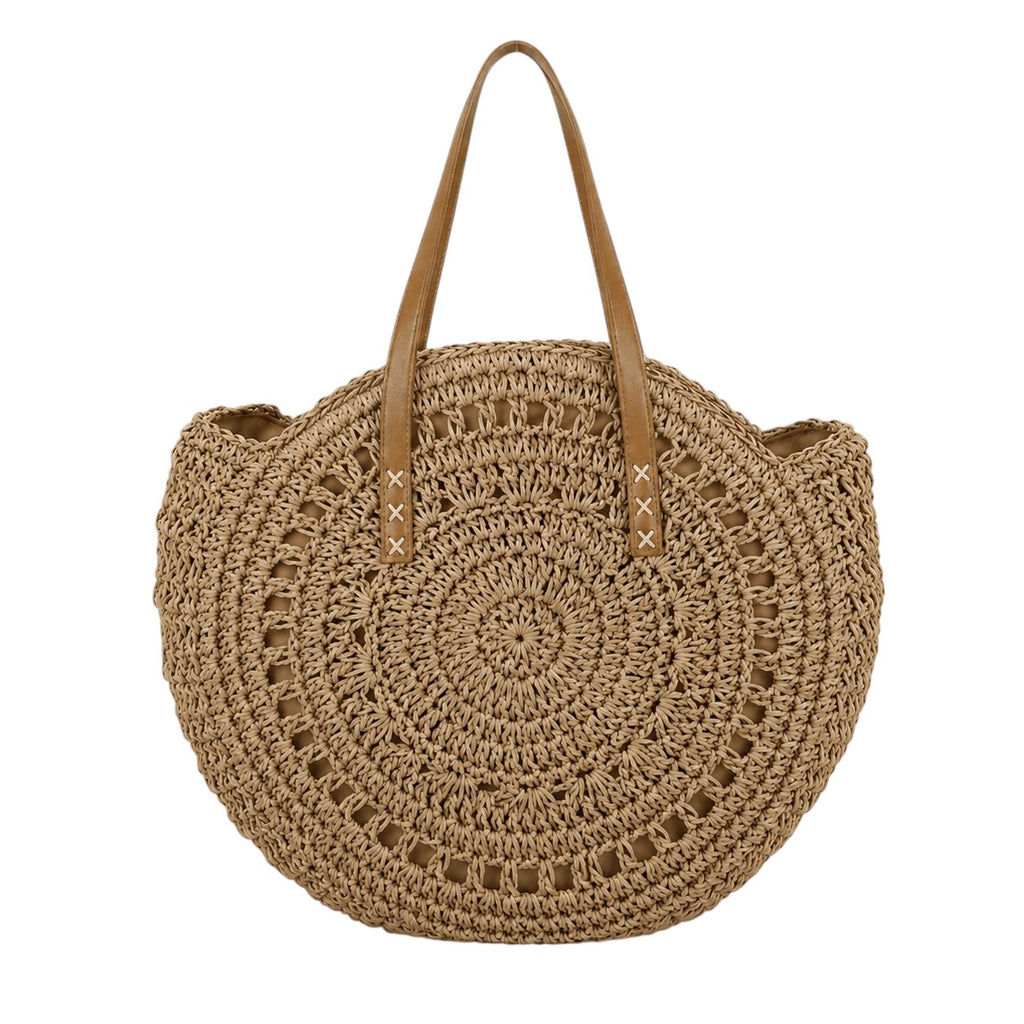 Sac à main rond en paille beige avec anses en cuir marron, par Univers Sac