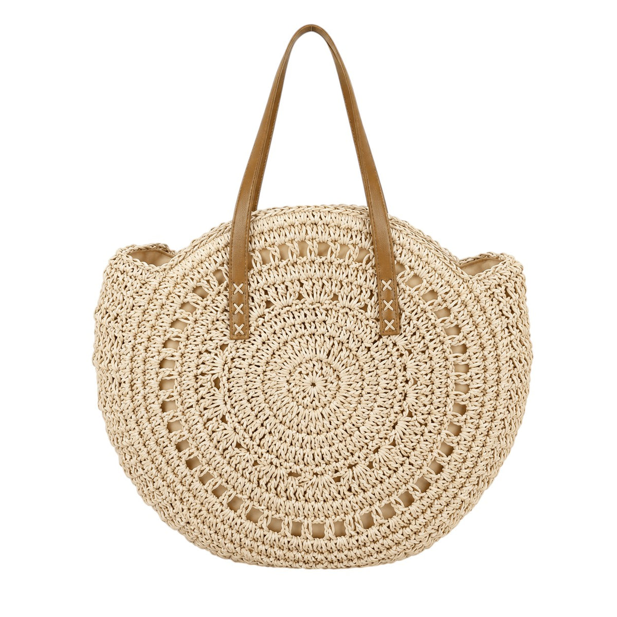 Sac à main rond en paille beige avec anses en cuir marron, par Univers Sac