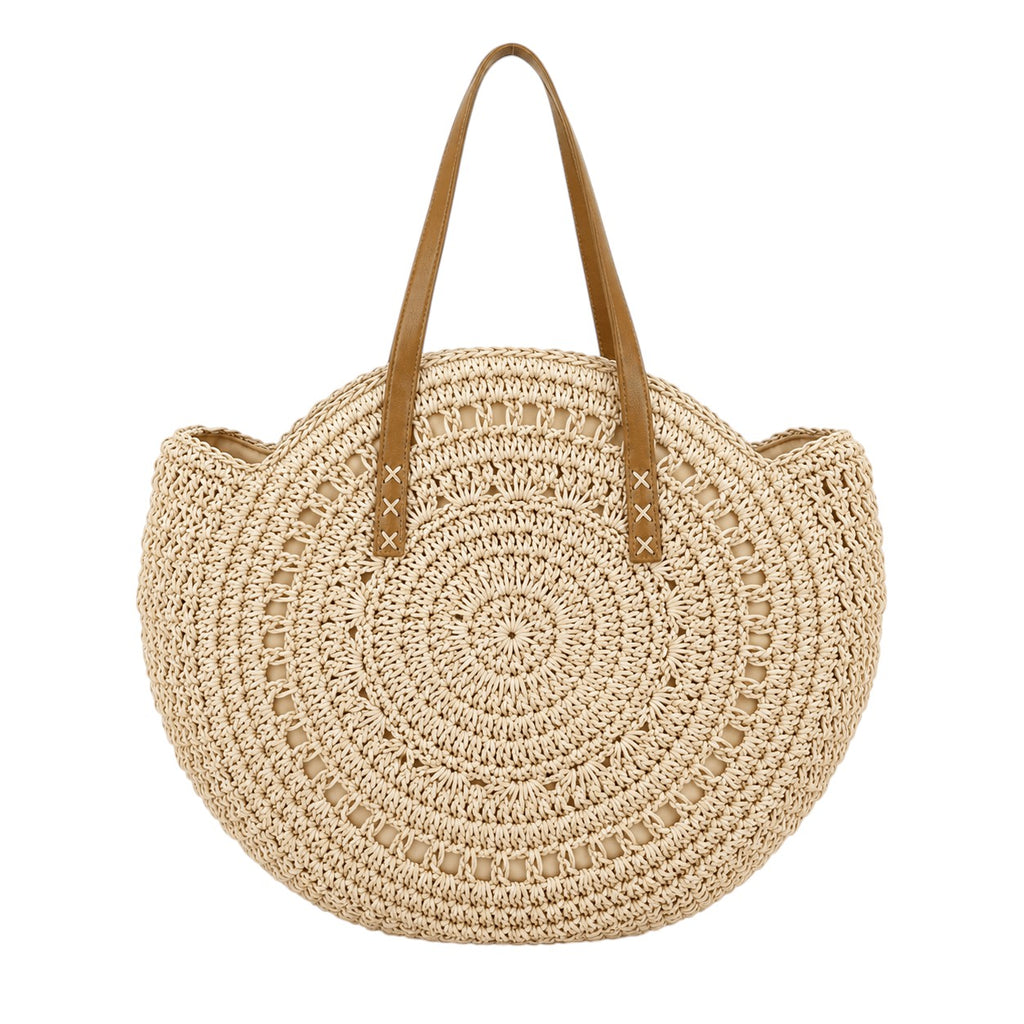 Sac à main rond en paille beige Yogodlns avec anses en cuir marron, doublure polyester, fermeture éclair.