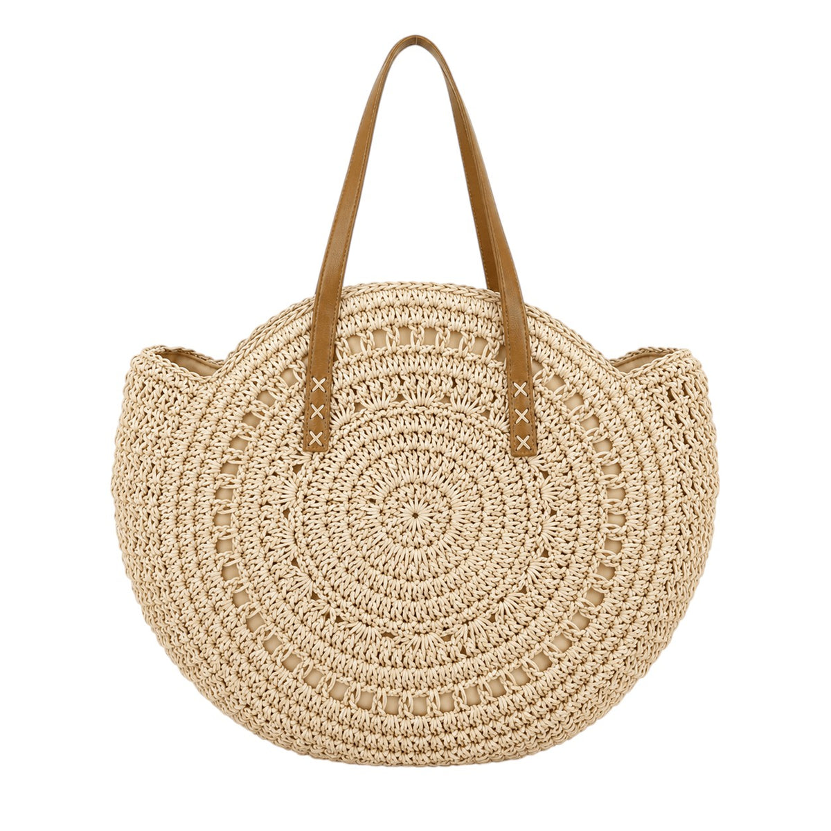 Sac à main rond en paille beige Yogodlns avec anses en cuir marron, doublure polyester, fermeture éclair.