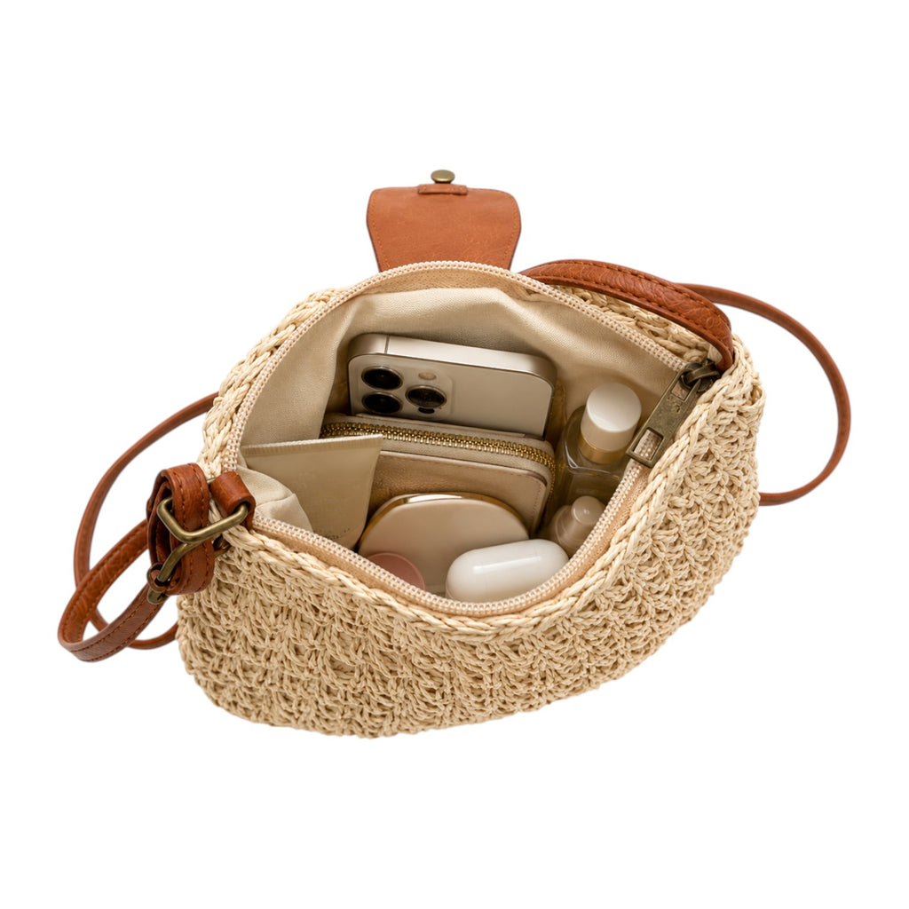 Sac à main bandoulière Yogodlns en paille tressée beige avec garnitures en cuir marron, poche intérieure pour téléphone.