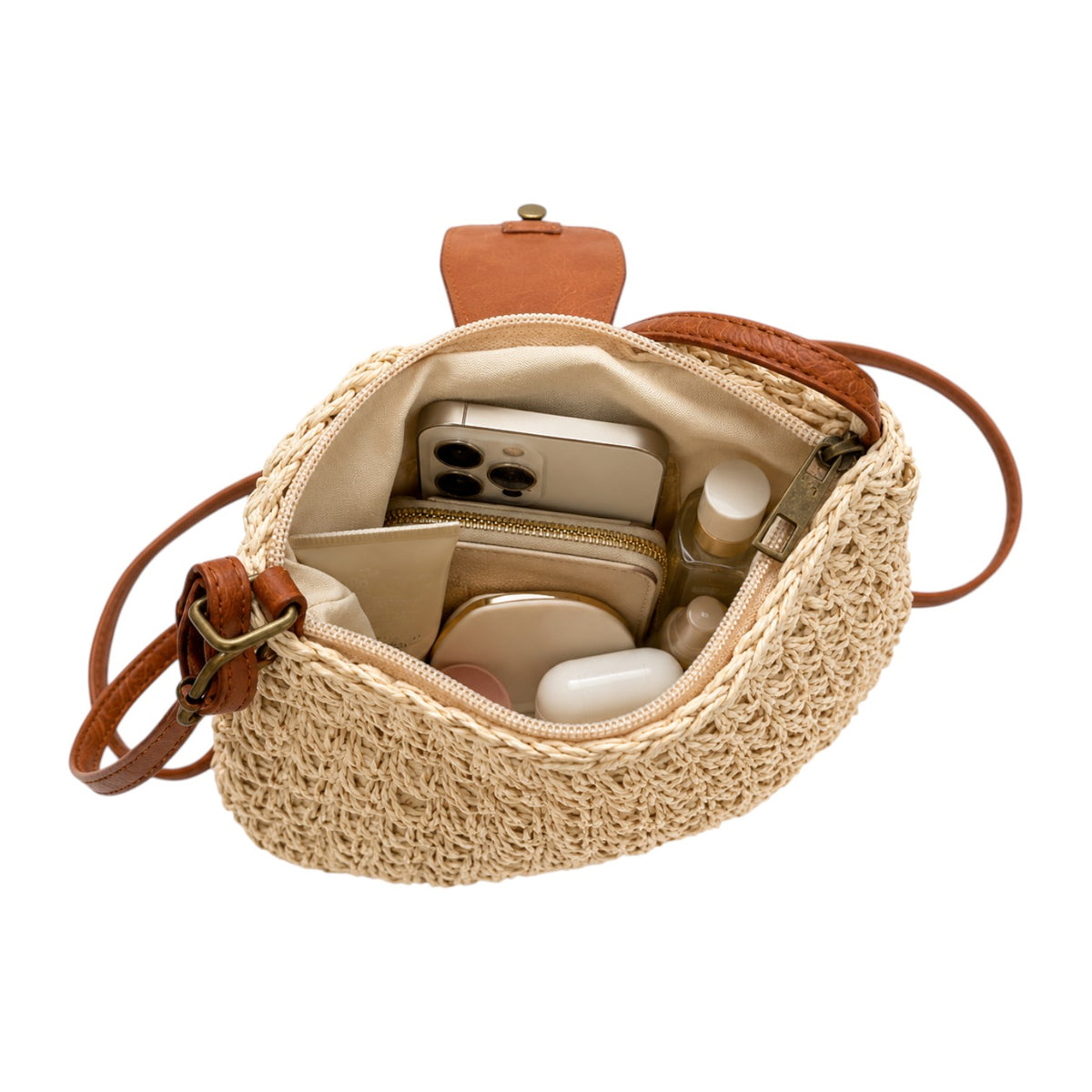 Sac à main bandoulière Yogodlns en paille tressée beige avec garnitures en cuir marron, poche intérieure pour téléphone.