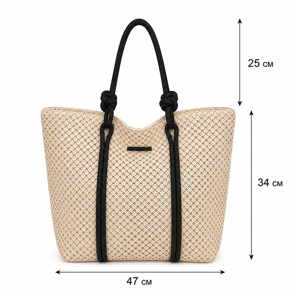 Sac à main cabas tressé en paille beige avec anses noires nouées, par Univers Sac.