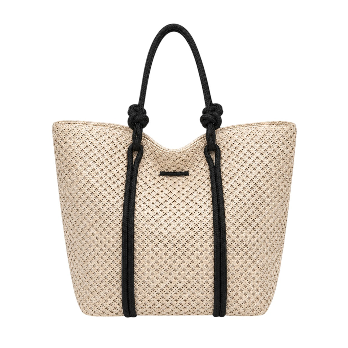 Sac à main d'épaule en paille tressée beige avec anses noires nouées par Univers Sac.