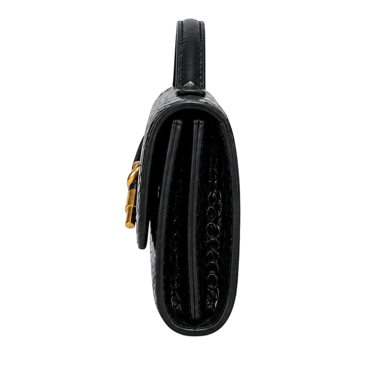 Sac à main noir Univers Sac en cuir PU effet peau de serpent avec fermoir doré et anse unique.