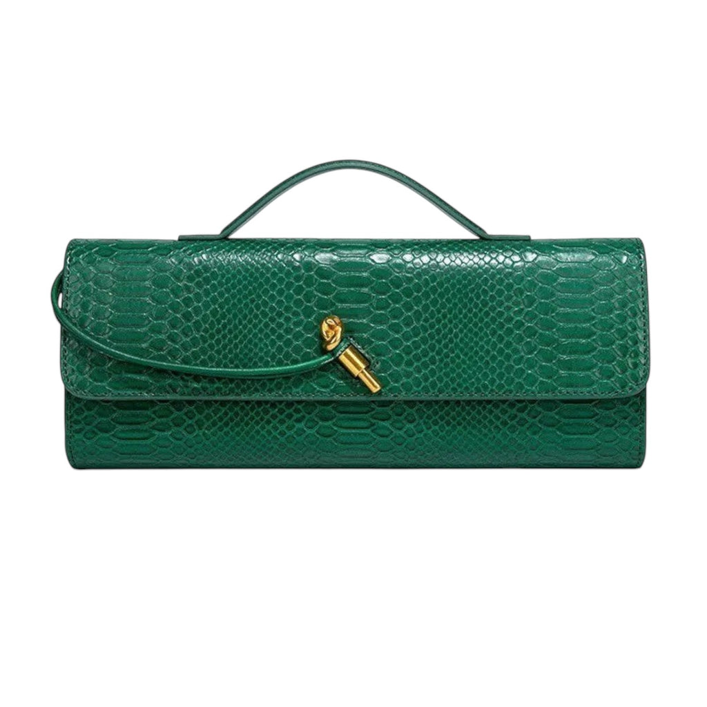 Sac à main bandoulière vert émeraude en PU texturé peau de serpent, avec fermoir doré et anse supérieure. Univers Sac.