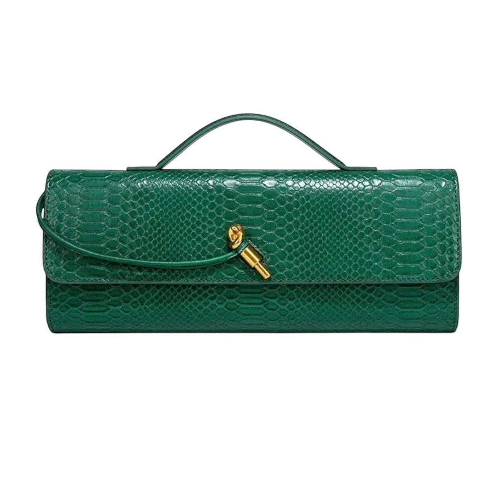 Sac à main bandoulière vert émeraude en PU texturé peau de serpent, avec fermoir doré et anse supérieure. Univers Sac.